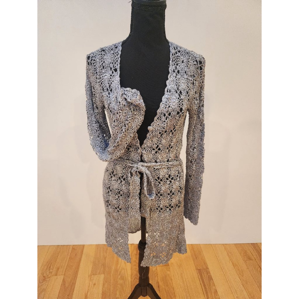 NWOT BCBG MaxAzria Silver/Grey Metallic Crochet long-sleeve sweater